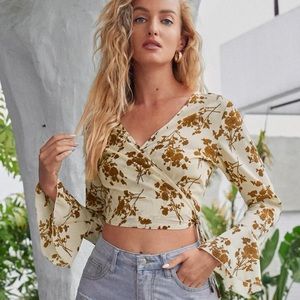 Bell Sleeve Side Drawstring Wrap Top